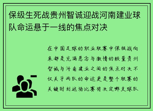 保级生死战贵州智诚迎战河南建业球队命运悬于一线的焦点对决