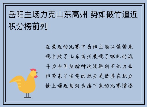 岳阳主场力克山东高州 势如破竹逼近积分榜前列