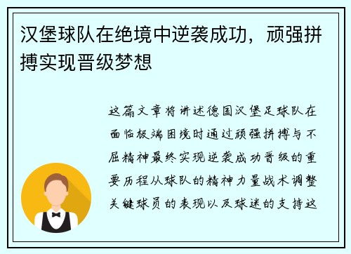 汉堡球队在绝境中逆袭成功，顽强拼搏实现晋级梦想