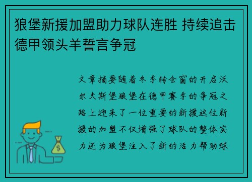 狼堡新援加盟助力球队连胜 持续追击德甲领头羊誓言争冠
