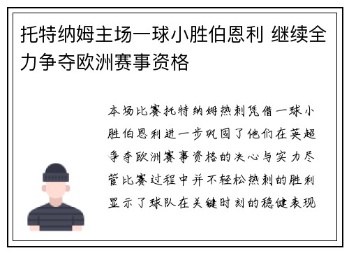 托特纳姆主场一球小胜伯恩利 继续全力争夺欧洲赛事资格