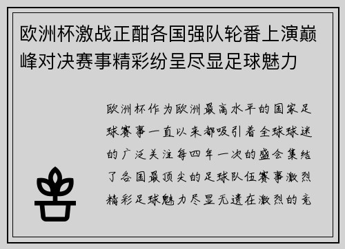 欧洲杯激战正酣各国强队轮番上演巅峰对决赛事精彩纷呈尽显足球魅力