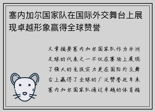 塞内加尔国家队在国际外交舞台上展现卓越形象赢得全球赞誉