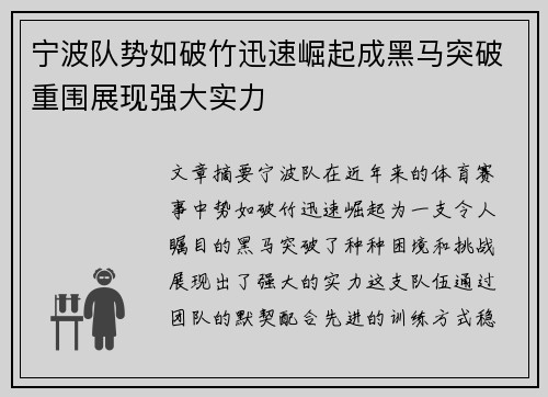 宁波队势如破竹迅速崛起成黑马突破重围展现强大实力