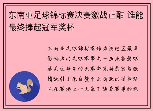 东南亚足球锦标赛决赛激战正酣 谁能最终捧起冠军奖杯