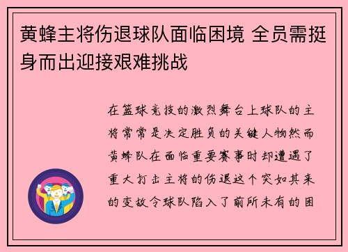 黄蜂主将伤退球队面临困境 全员需挺身而出迎接艰难挑战